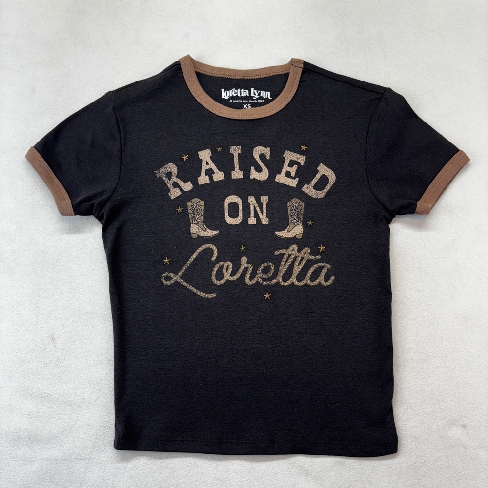 Loretta Lynn Ringer T-Shirt Women XS Black Raised On Loretta Ranch New Graphic